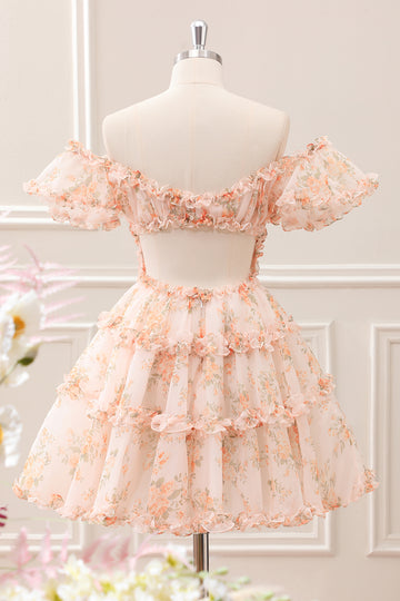 Yellow A-Line Ruffled Floral Print Mini Dress